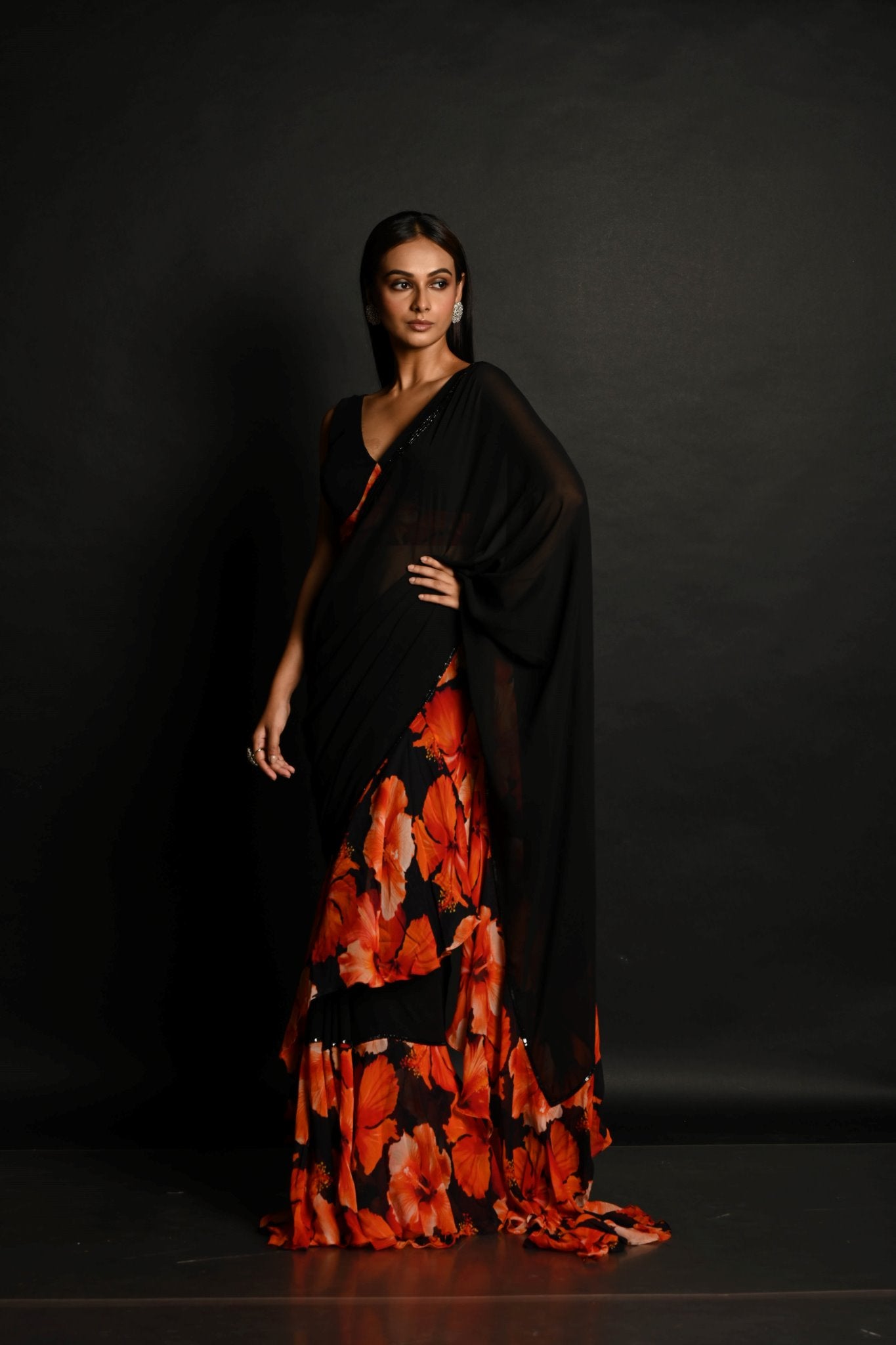 Black Georgette Ruffle Saree Set with Orange Blossom Prints and Sequin Border - Anvi Couture