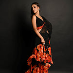 Black Georgette Ruffle Saree Set with Orange Blossom Prints and Sequin Border - Anvi Couture