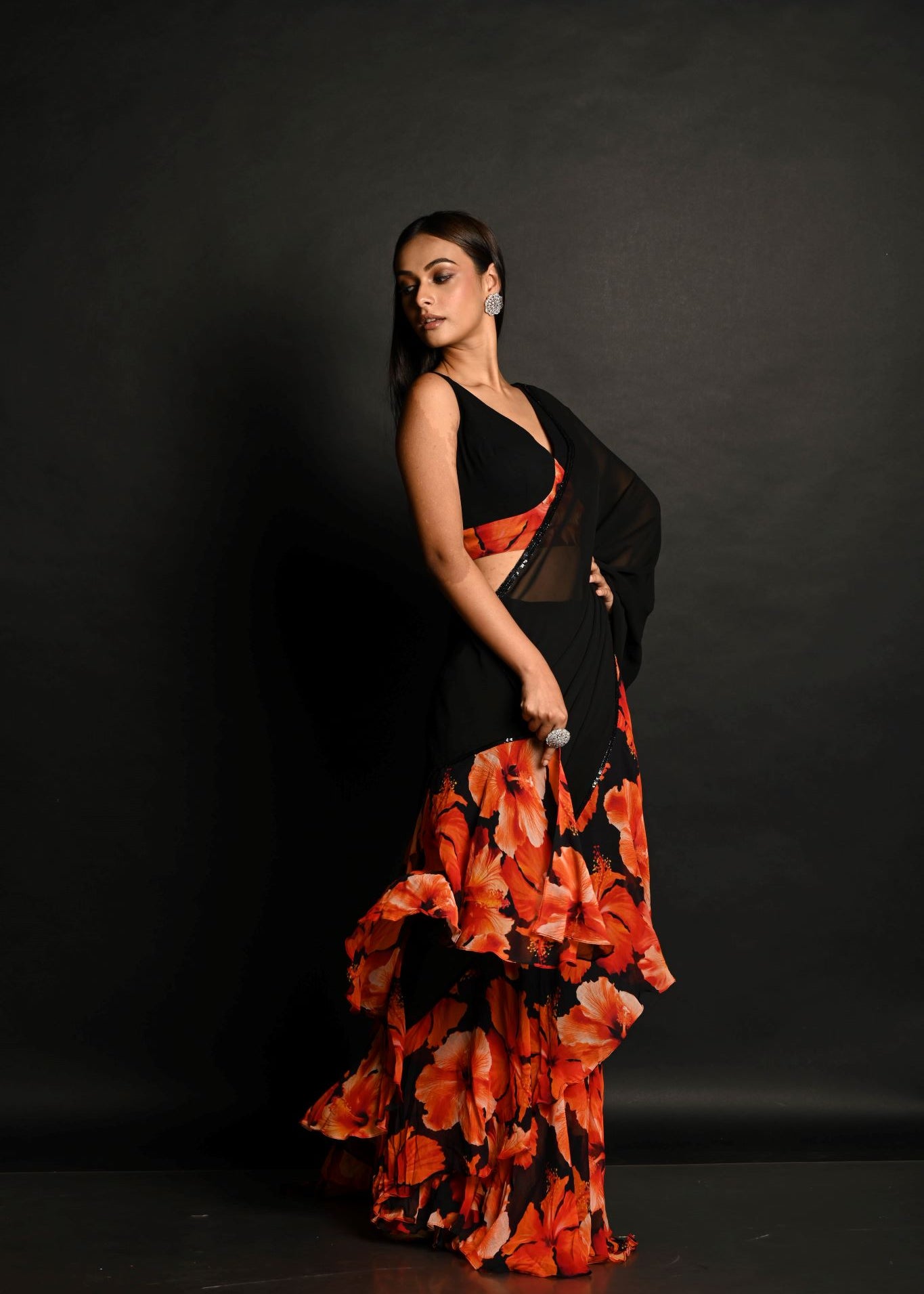 Black & Orange Ruffle Saree