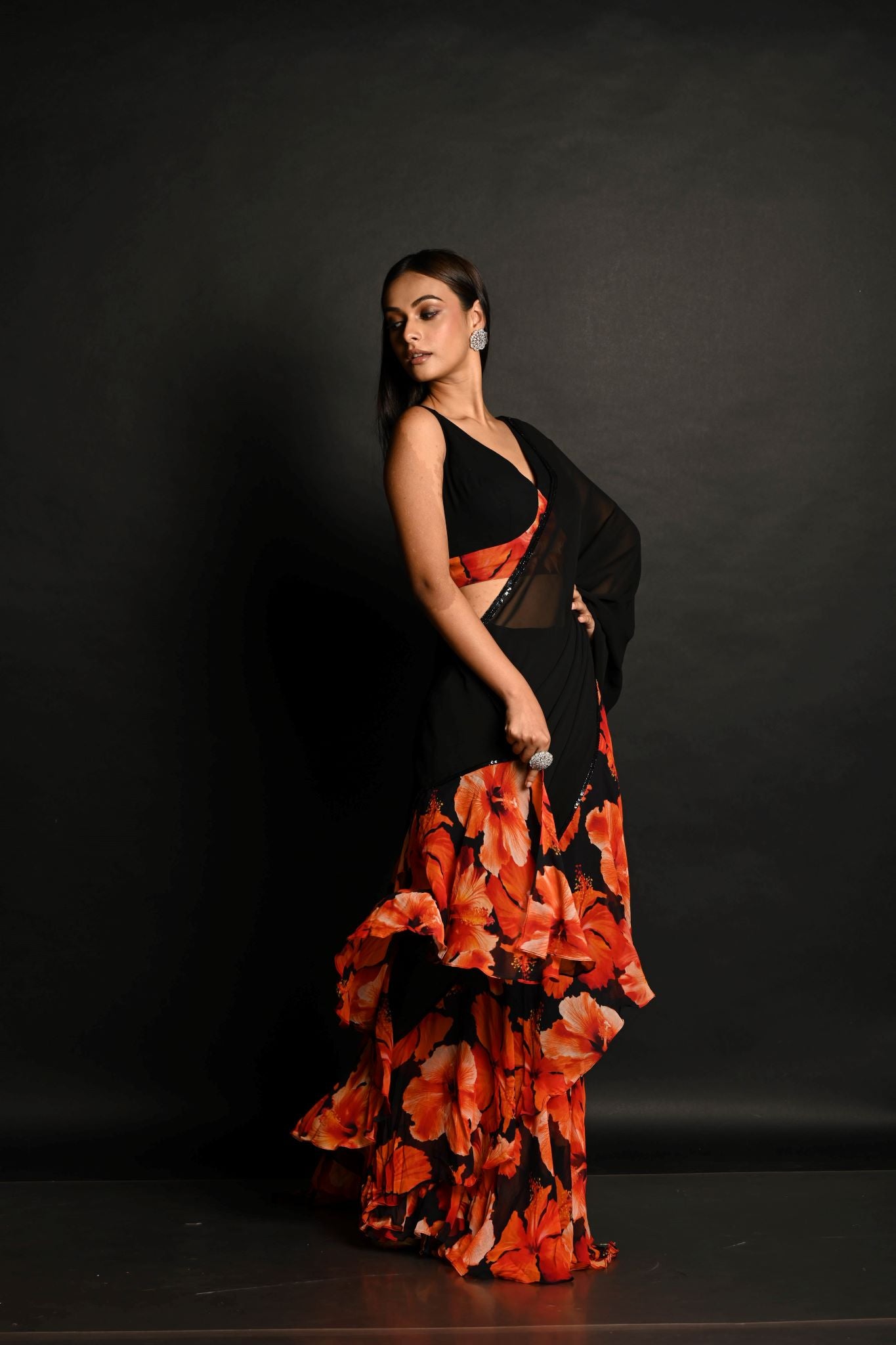 Black & Orange Ruffle Saree