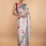 Light Grey Stone Embellishment Floral Printed Satin Saree with Unstitched Blouse - Anvi Couture