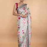 Light Grey Stone Embellishment Floral Printed Satin Saree with Unstitched Blouse - Anvi Couture