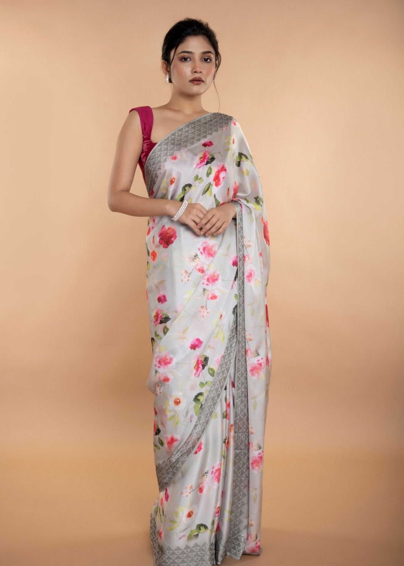 Light Grey Stone Embellishment Floral Printed Satin Saree with Unstitched Blouse - Image 1