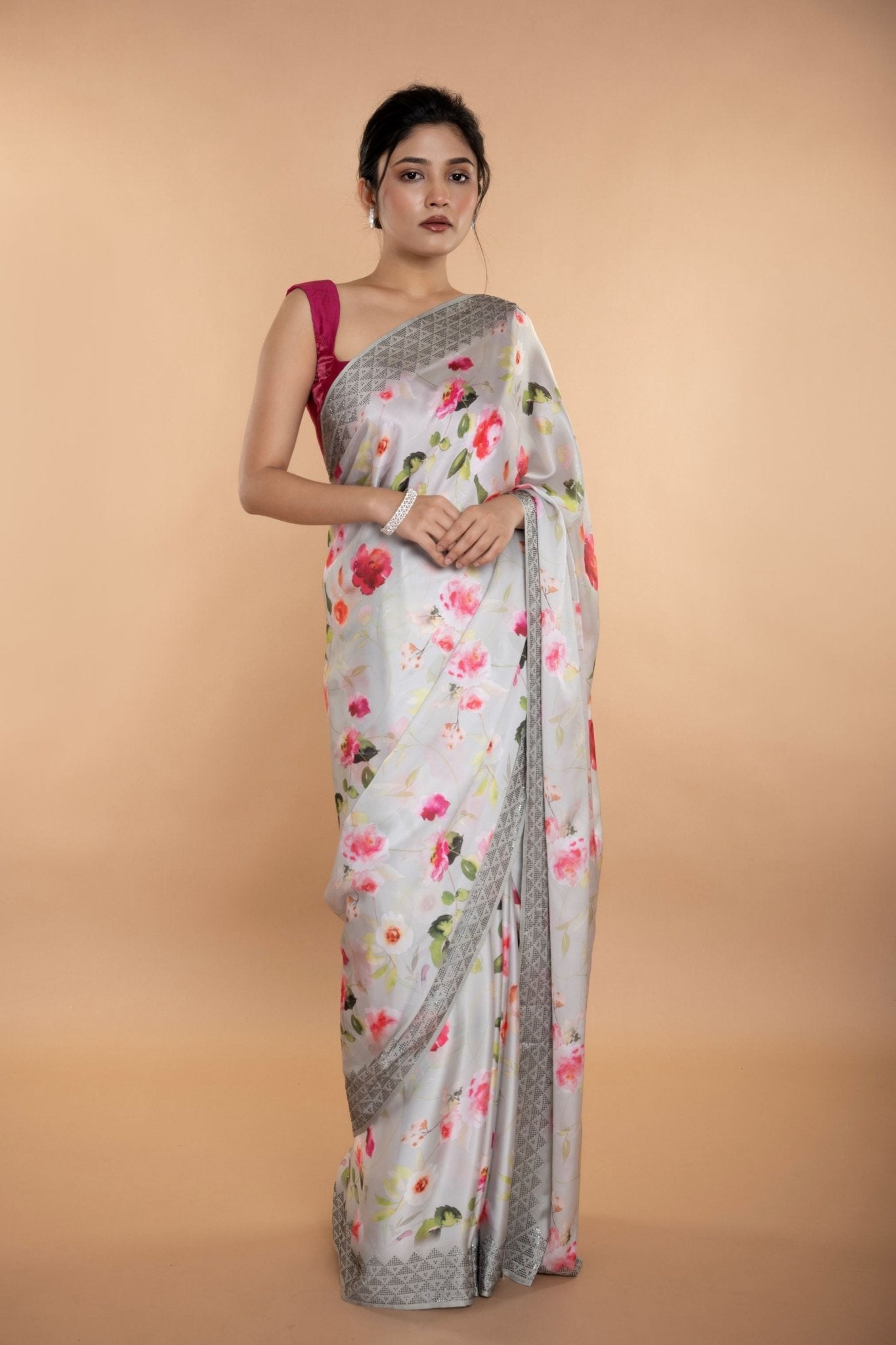 Light Grey Stone Embellishment Floral Printed Satin Saree with Unstitched Blouse - Image 1