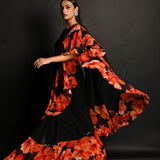 Black Georgette Ruffle Saree Set with Orange Blossom Prints and Sequin Border - Anvi Couture