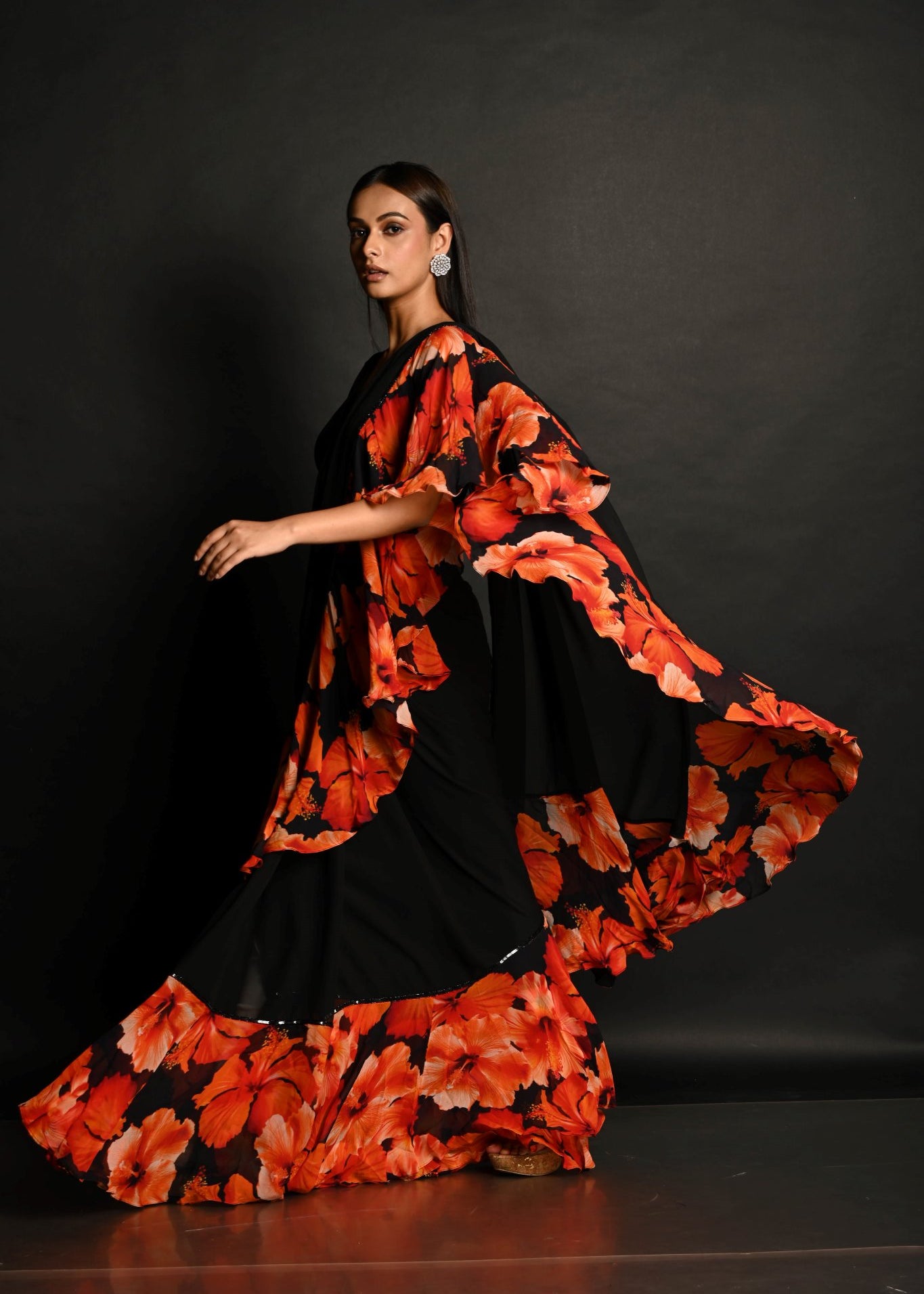 Black & Orange Ruffle Saree