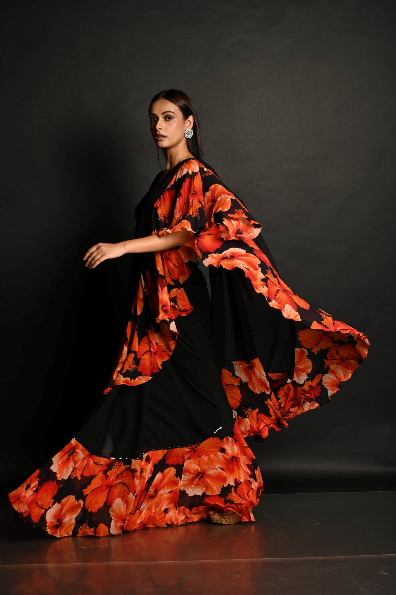 Black & Orange Ruffle Saree