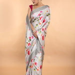 Light Grey Stone Embellishment Floral Printed Satin Saree with Unstitched Blouse - Anvi Couture