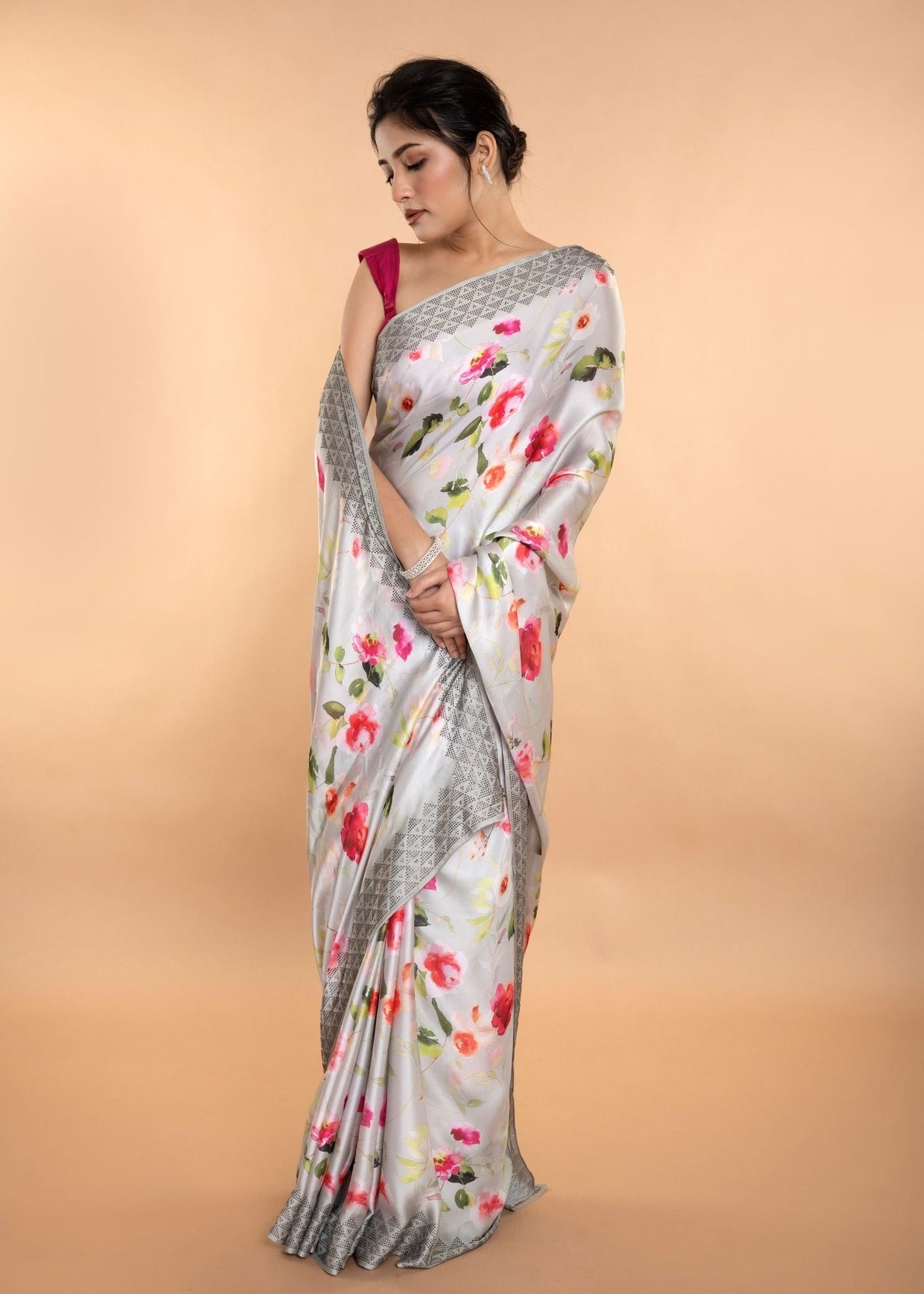 Light Grey Stone Embellishment Floral Printed Satin Saree with Unstitched Blouse - Anvi Couture