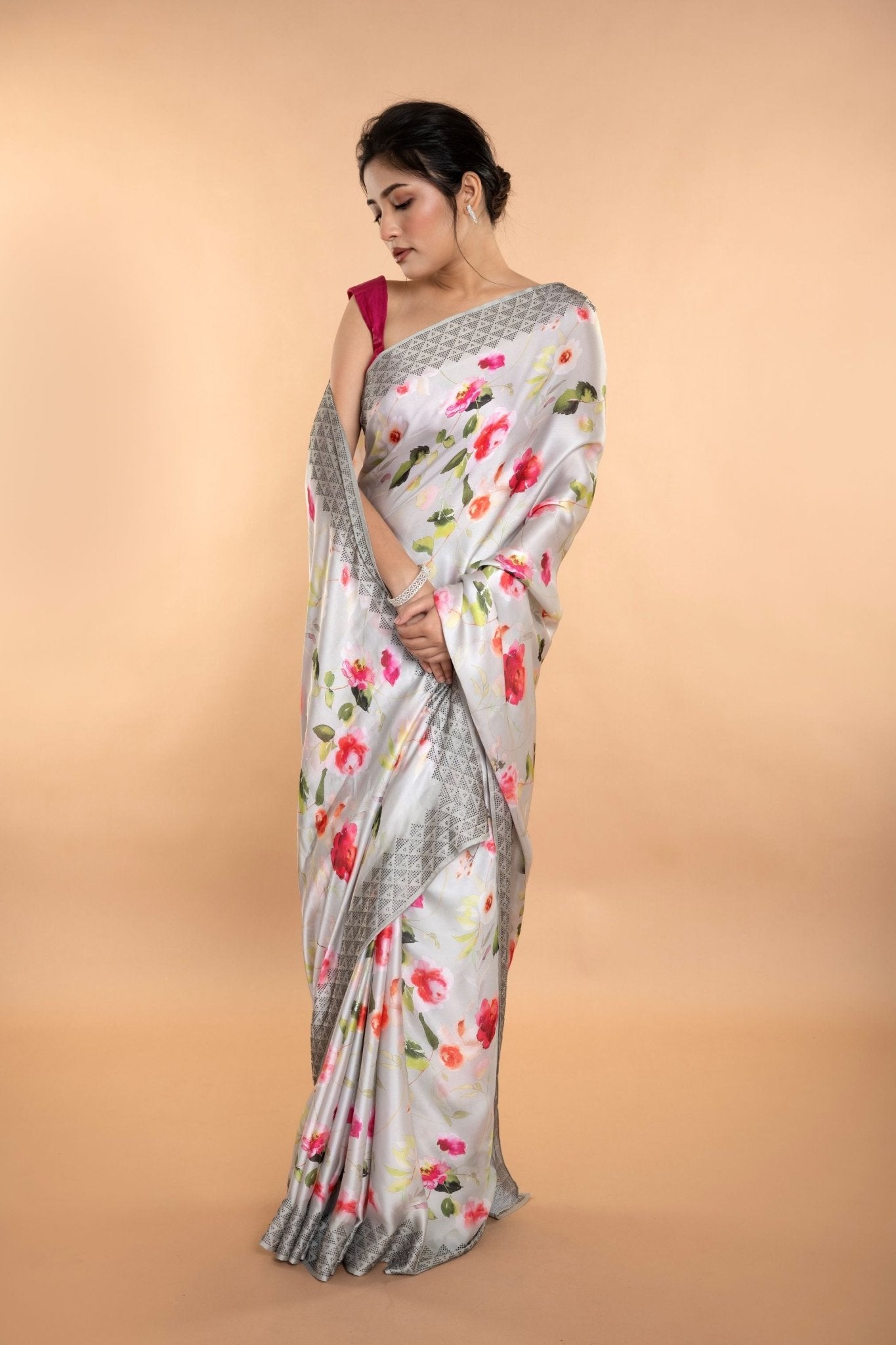 Light Grey Stone Embellishment Floral Printed Satin Saree with Unstitched Blouse - Anvi Couture