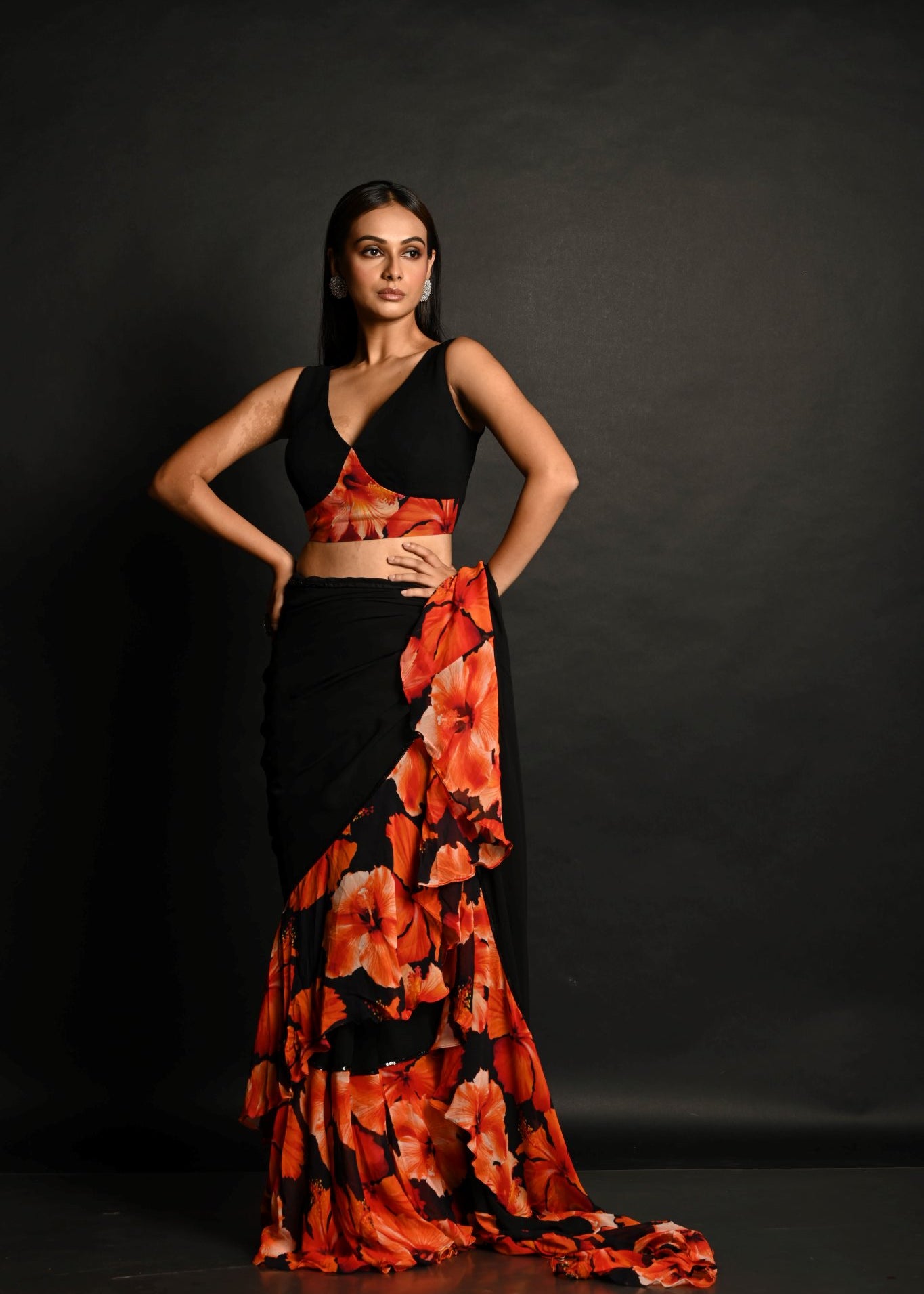 Black & Orange Ruffle Saree