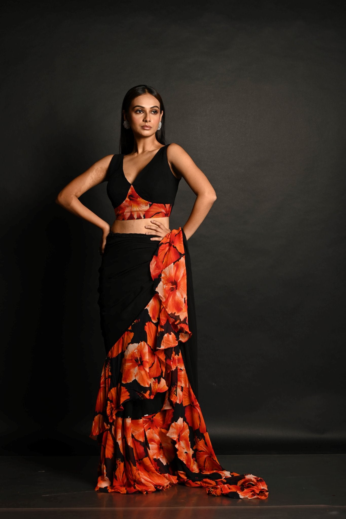 Black & Orange Ruffle Saree