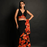 Black Georgette Ruffle Saree Set with Orange Blossom Prints and Sequin Border - Anvi Couture