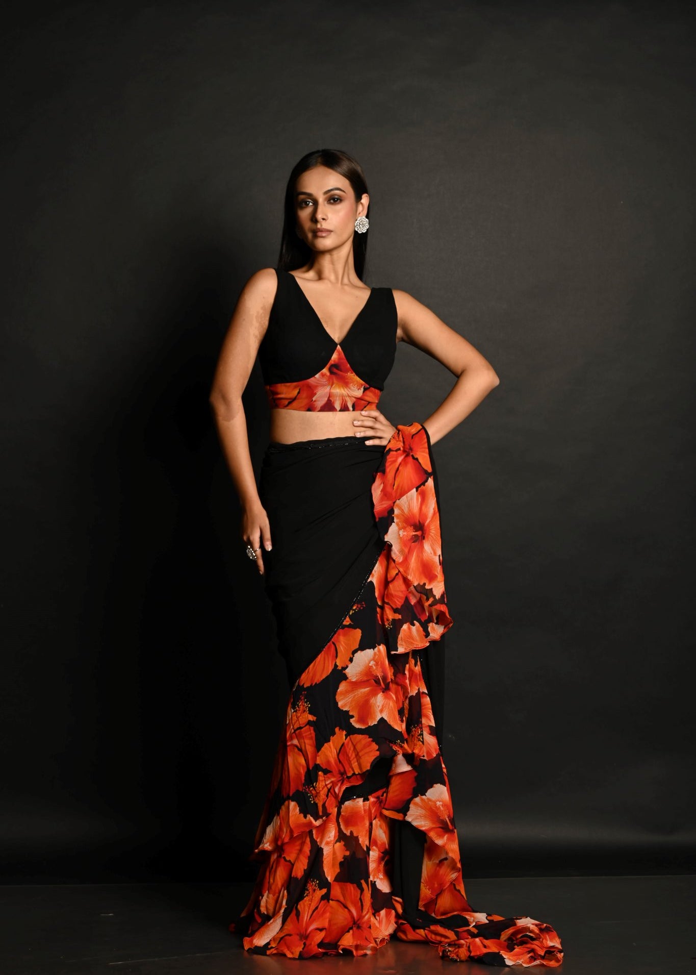 Black & Orange Ruffle Saree