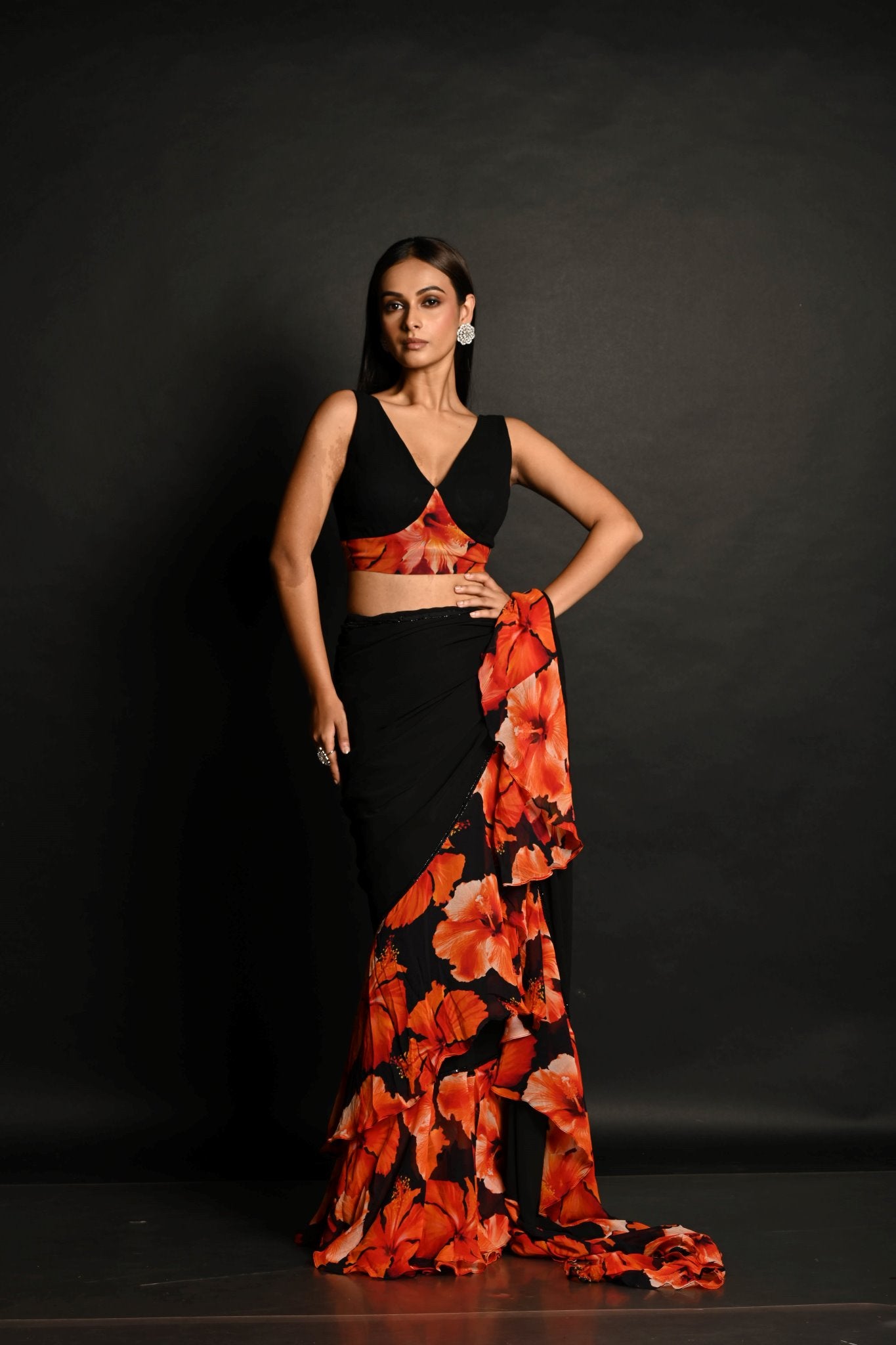 Black & Orange Ruffle Saree