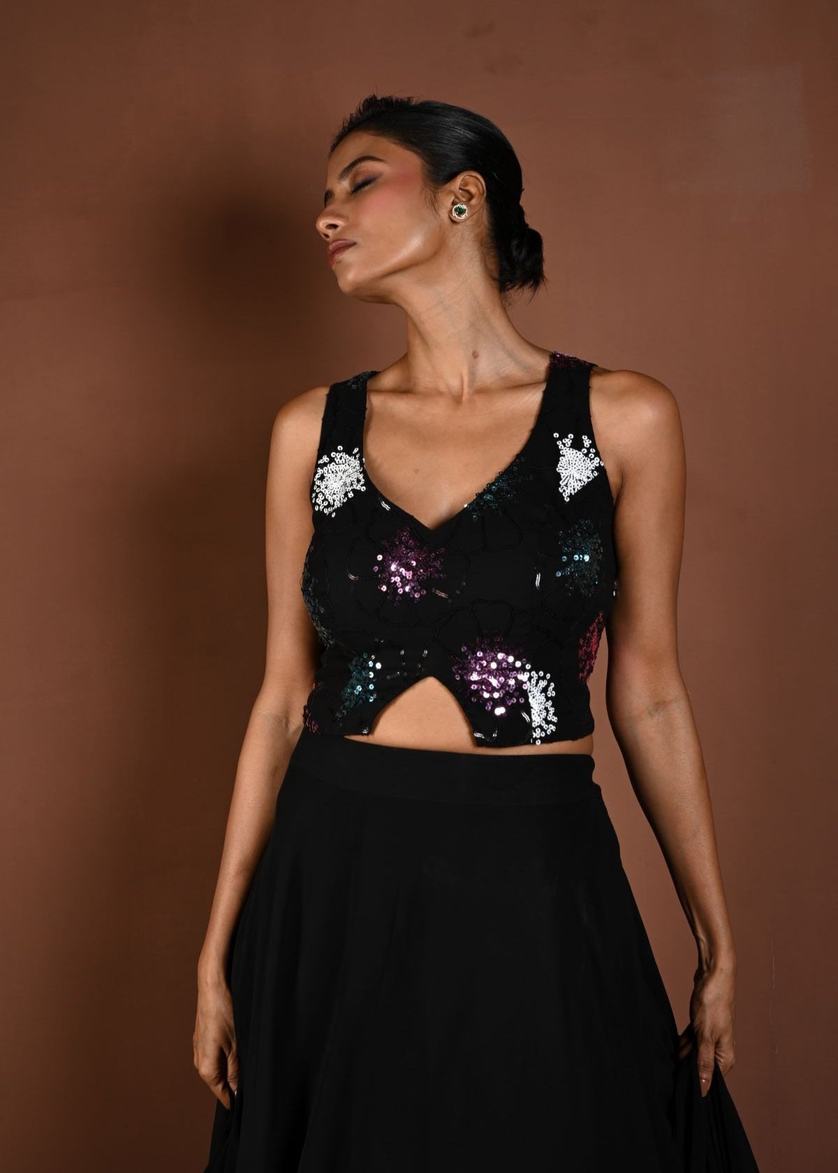 Black Lehenga Set with Matching Sleeveless Sequin Choli - Anvi Couture