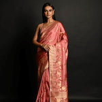 Pink Handwoven Banarasi Satin Silk Saree with Gold Zari - Anvi Couture