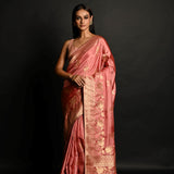 Pink Handwoven Banarasi Satin Silk Saree with Gold Zari - Anvi Couture