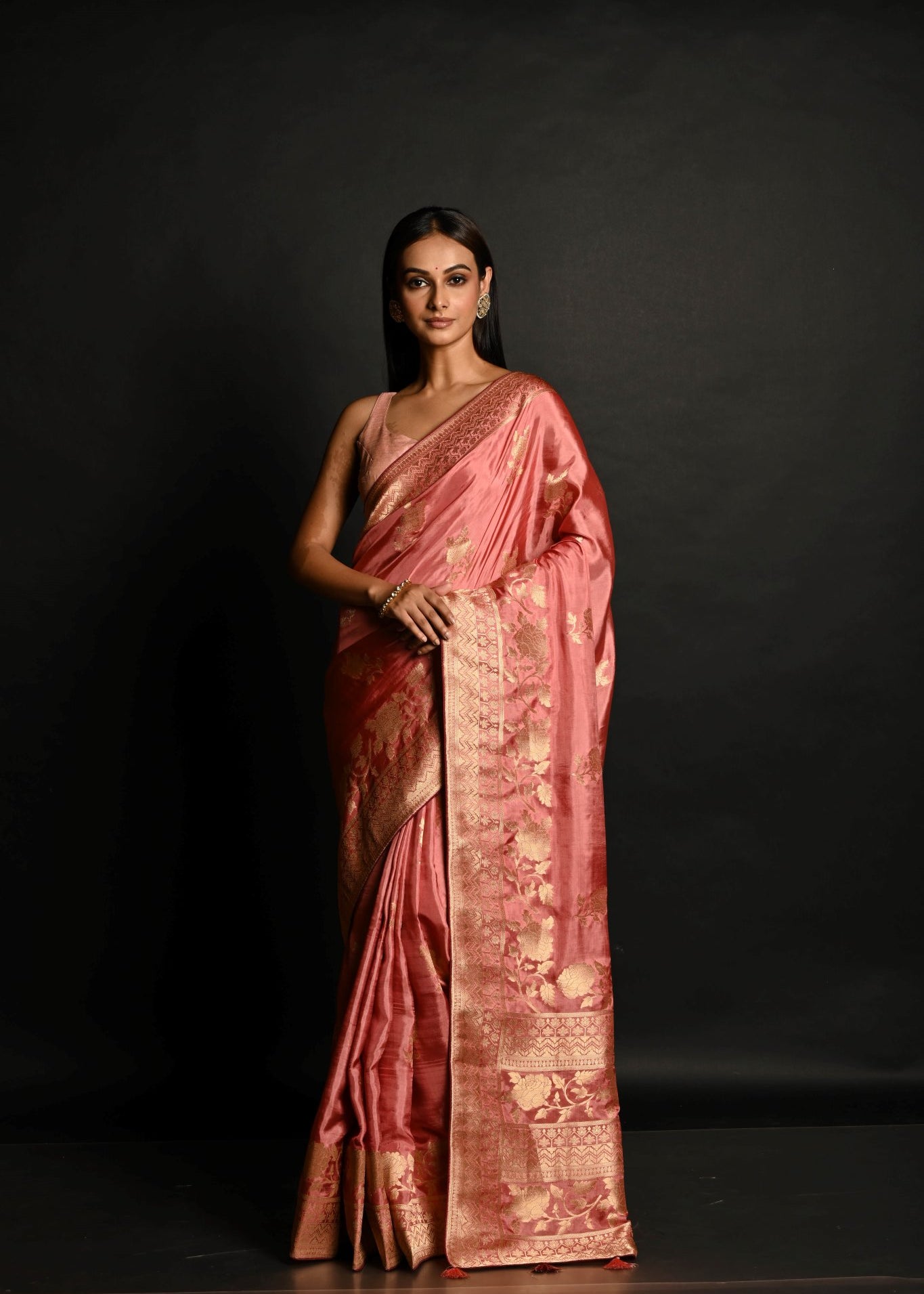 Pink Handwoven Banarasi Satin Silk Saree with Gold Zari - Anvi Couture