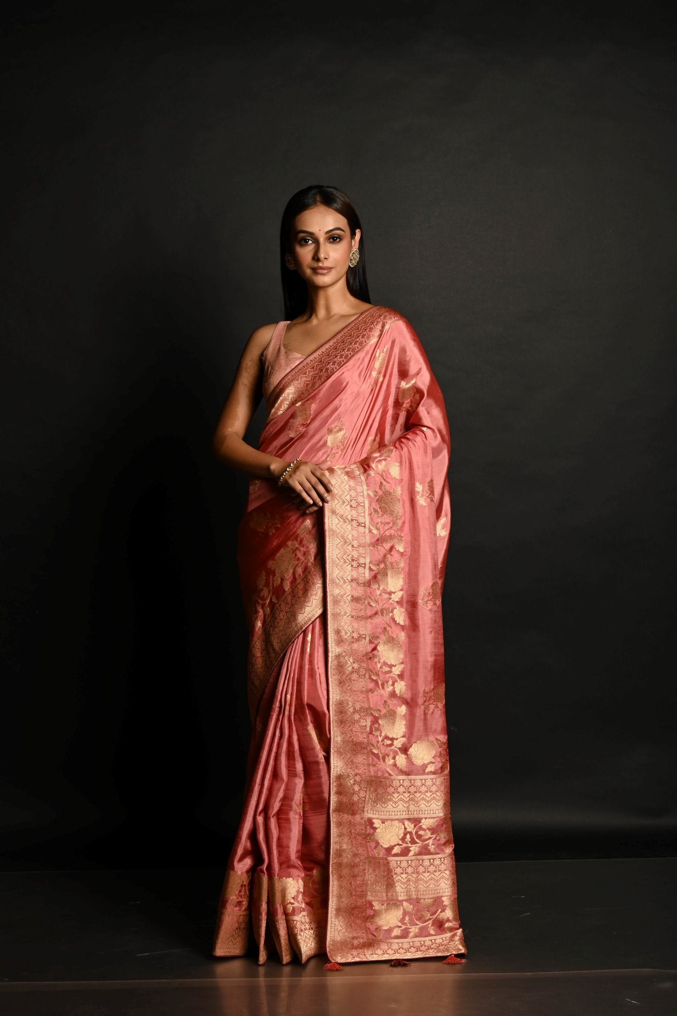 Pink Handwoven Banarasi Satin Silk Saree with Gold Zari - Anvi Couture