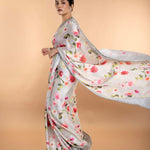 Light Grey Stone Embellishment Floral Printed Satin Saree with Unstitched Blouse - Image 3