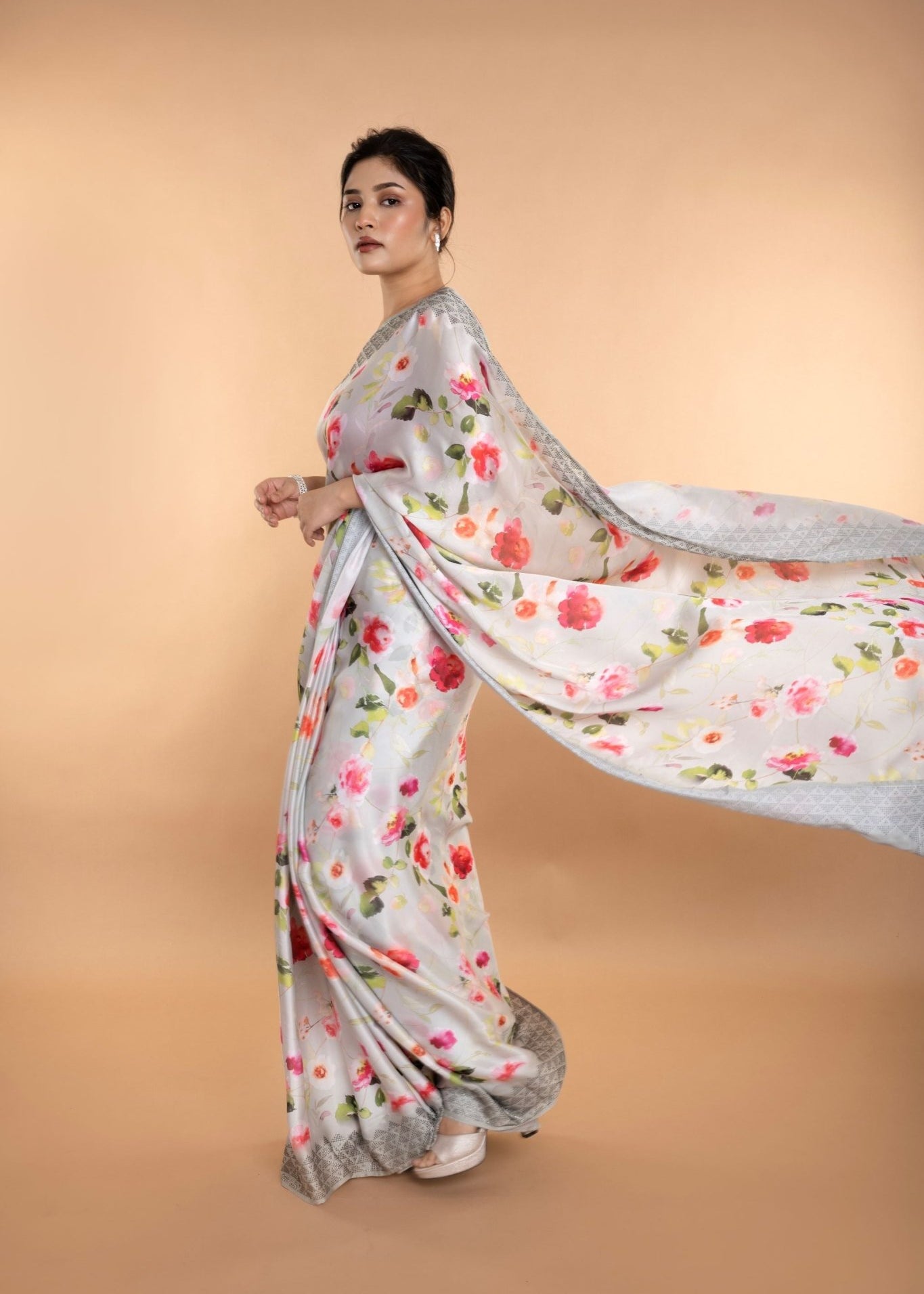 Light Grey Stone Embellishment Floral Printed Satin Saree with Unstitched Blouse - Image 3