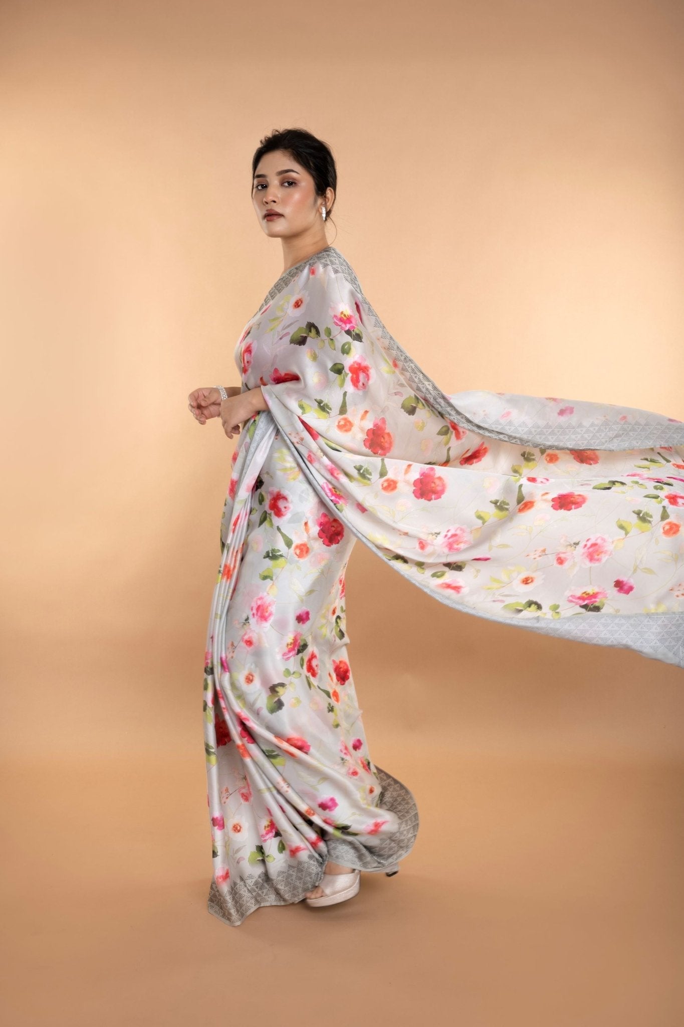 Light Grey Stone Embellishment Floral Printed Satin Saree with Unstitched Blouse - Image 3