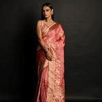 Pink Handwoven Banarasi Satin Silk Saree with Gold Zari - Anvi Couture