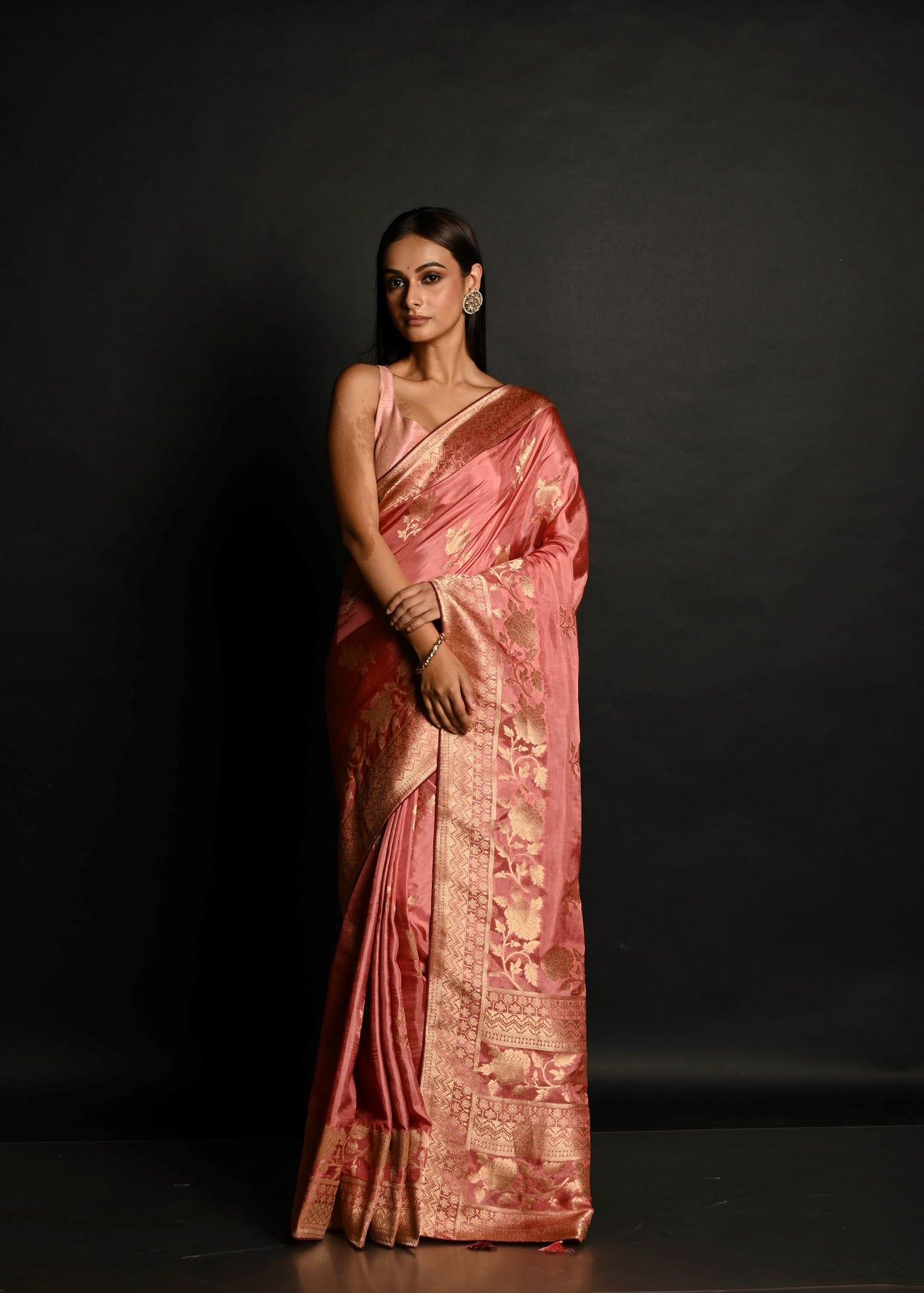 Pink Handwoven Banarasi Satin Silk Saree with Gold Zari - Anvi Couture