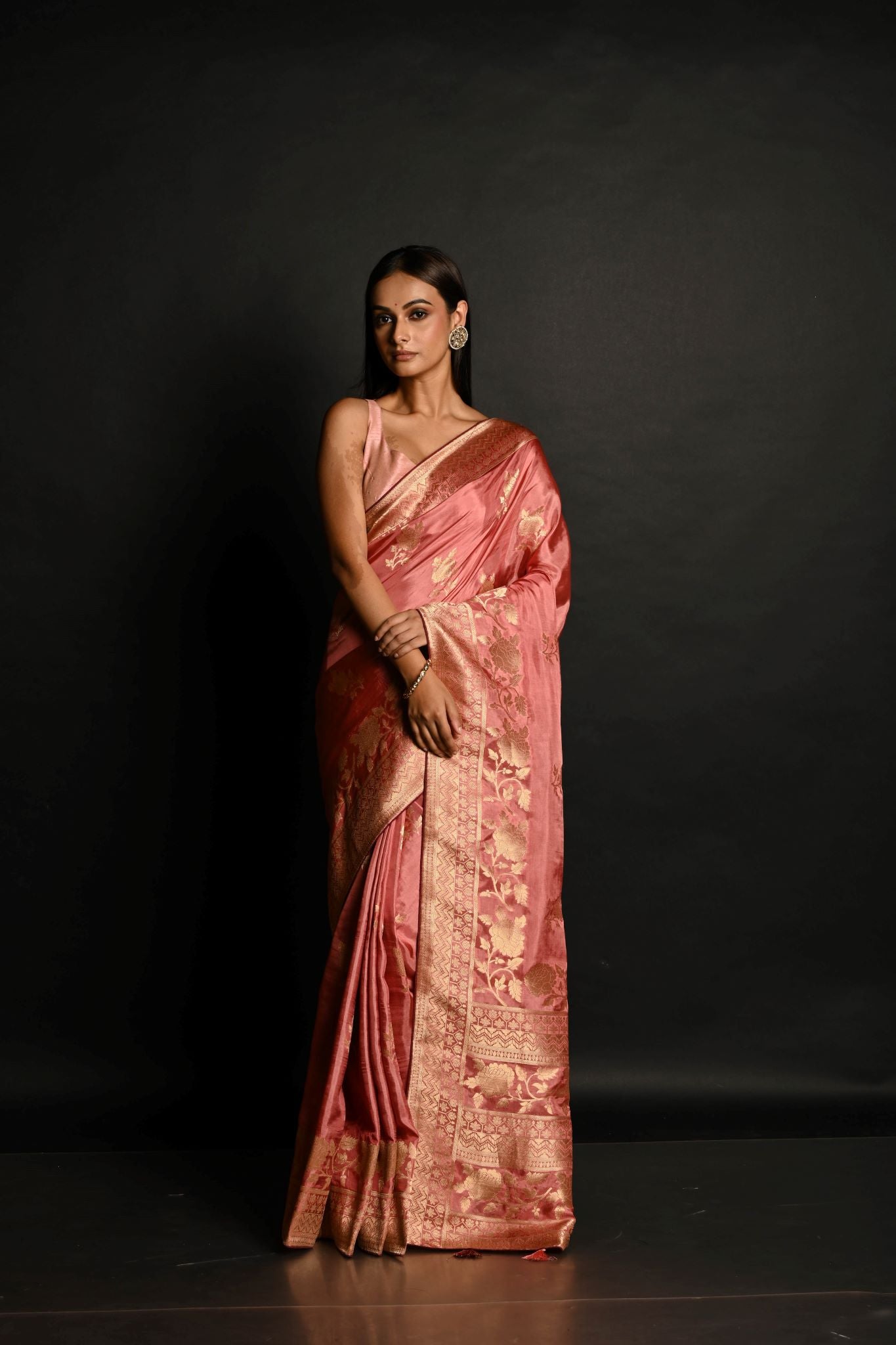 Pink Handwoven Banarasi Satin Silk Saree with Gold Zari - Anvi Couture