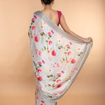 Light Grey Stone Embellishment Floral Printed Satin Saree with Unstitched Blouse - Image 4