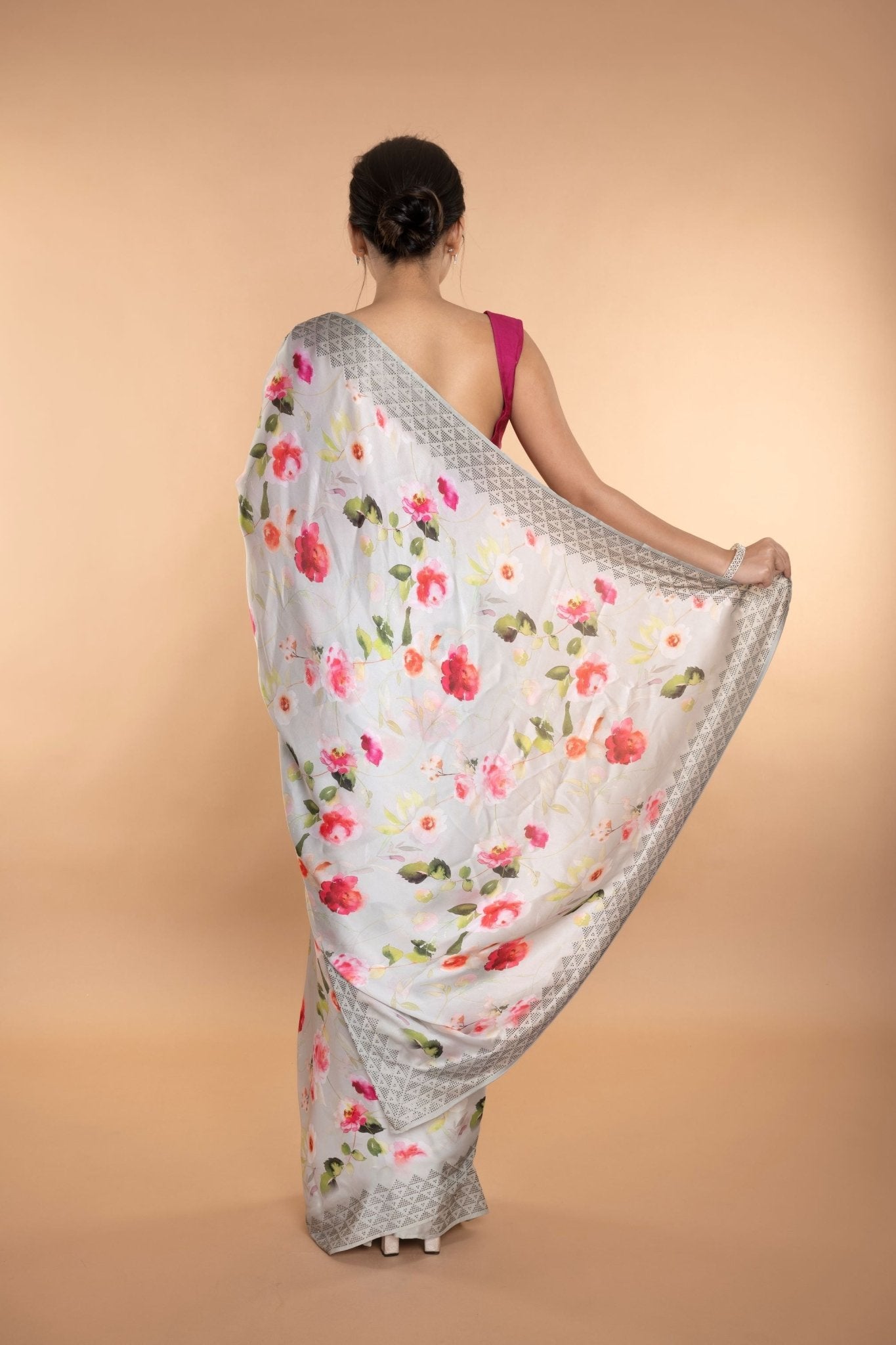 Light Grey Stone Embellishment Floral Printed Satin Saree with Unstitched Blouse - Image 4