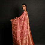 Pink Handwoven Banarasi Satin Silk Saree with Gold Zari - Anvi Couture