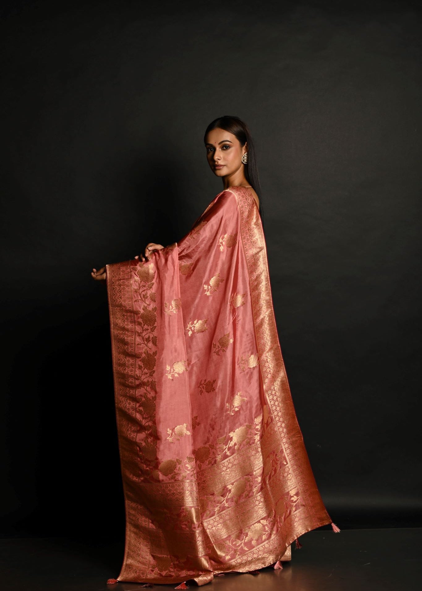 Pink Handwoven Banarasi Satin Silk Saree with Gold Zari - Anvi Couture
