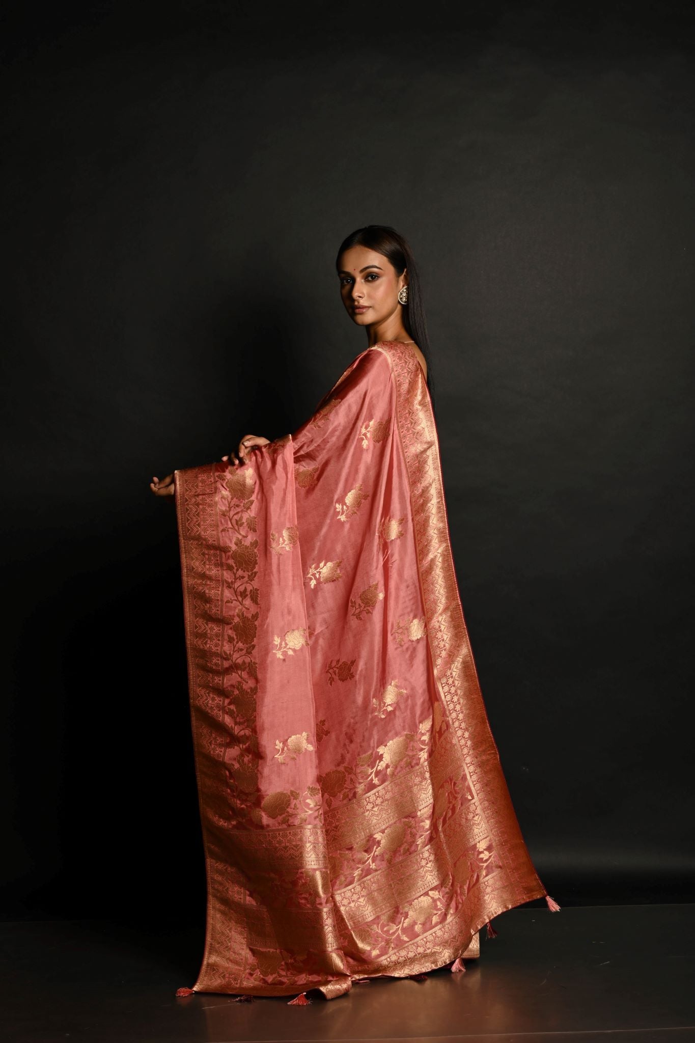 Pink Handwoven Banarasi Satin Silk Saree with Gold Zari - Anvi Couture