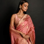 Pink Handwoven Banarasi Satin Silk Saree with Gold Zari - Anvi Couture