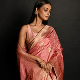 Pink Handwoven Banarasi Satin Silk Saree with Gold Zari - Anvi Couture