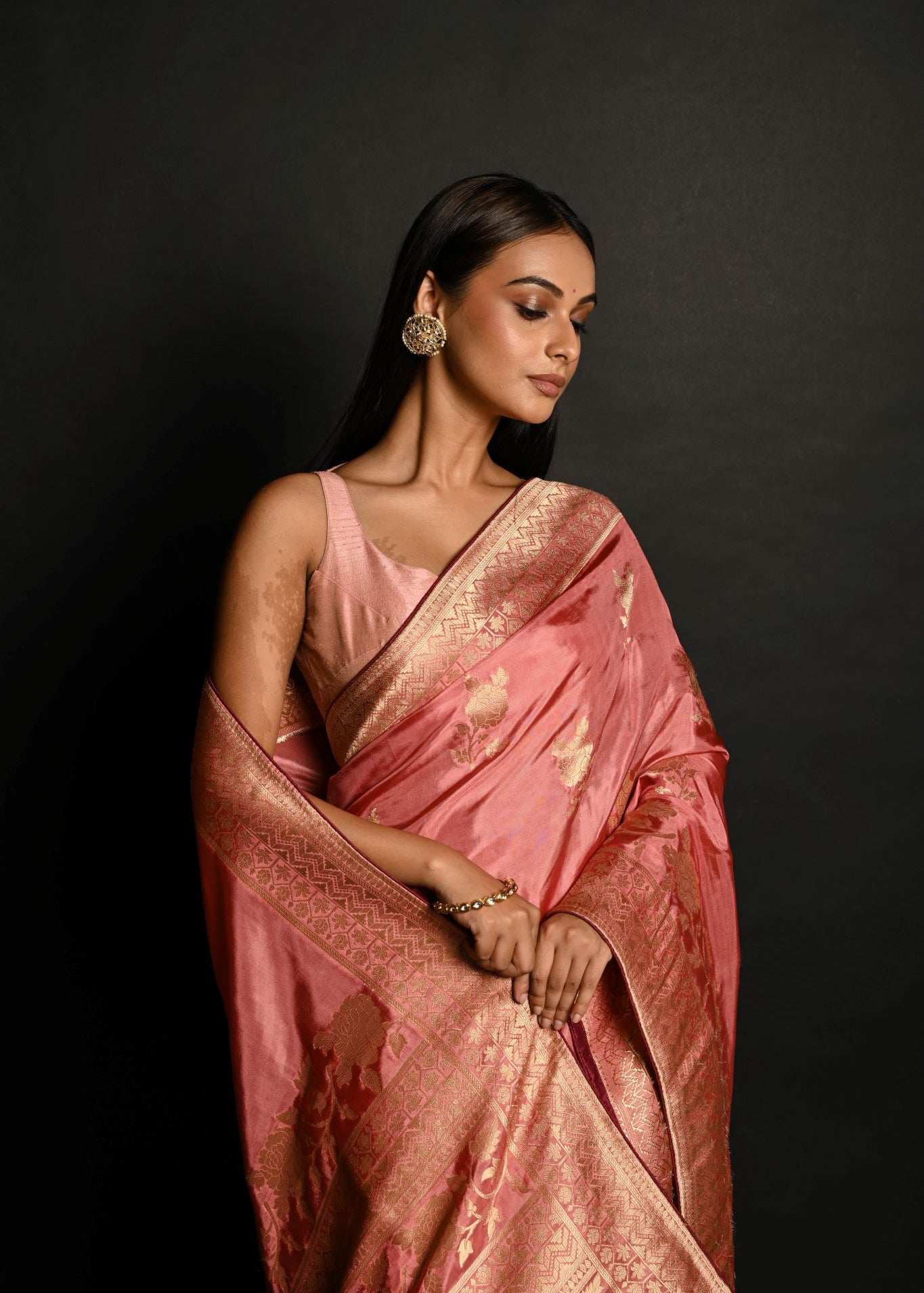 Pink Handwoven Banarasi Satin Silk Saree with Gold Zari - Anvi Couture