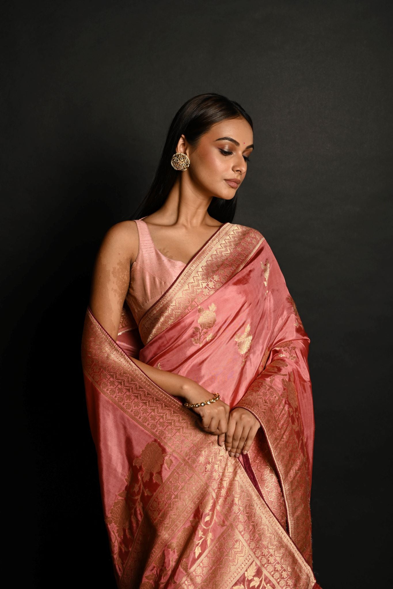 Pink Handwoven Banarasi Satin Silk Saree with Gold Zari - Anvi Couture