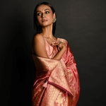 Pink Handwoven Banarasi Satin Silk Saree with Gold Zari - Anvi Couture