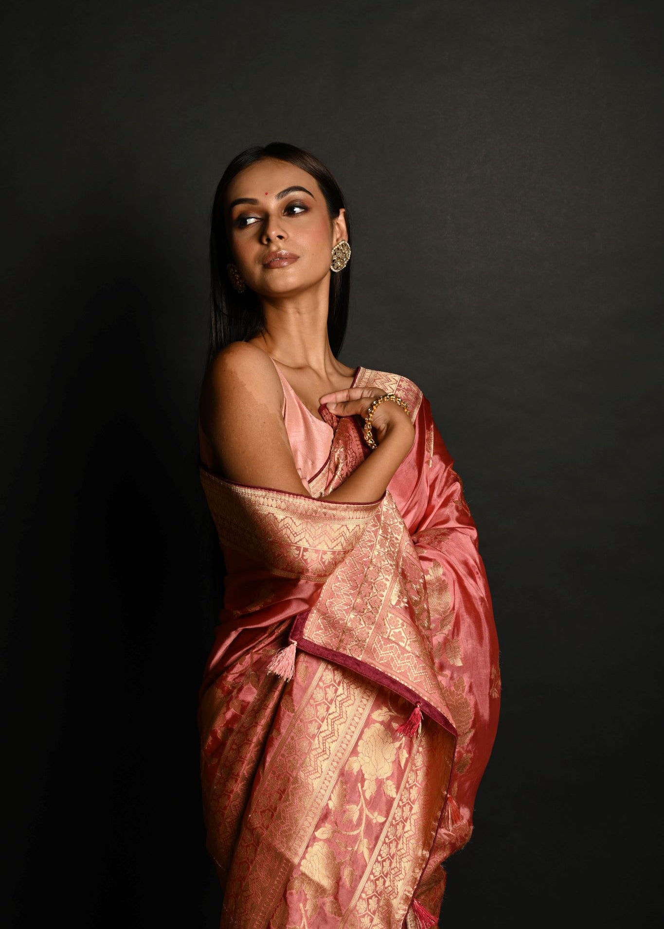 Pink Handwoven Banarasi Satin Silk Saree with Gold Zari - Anvi Couture