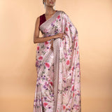 Designer Light Pink Floral Satin Saree with Stone Detailing - Image 1