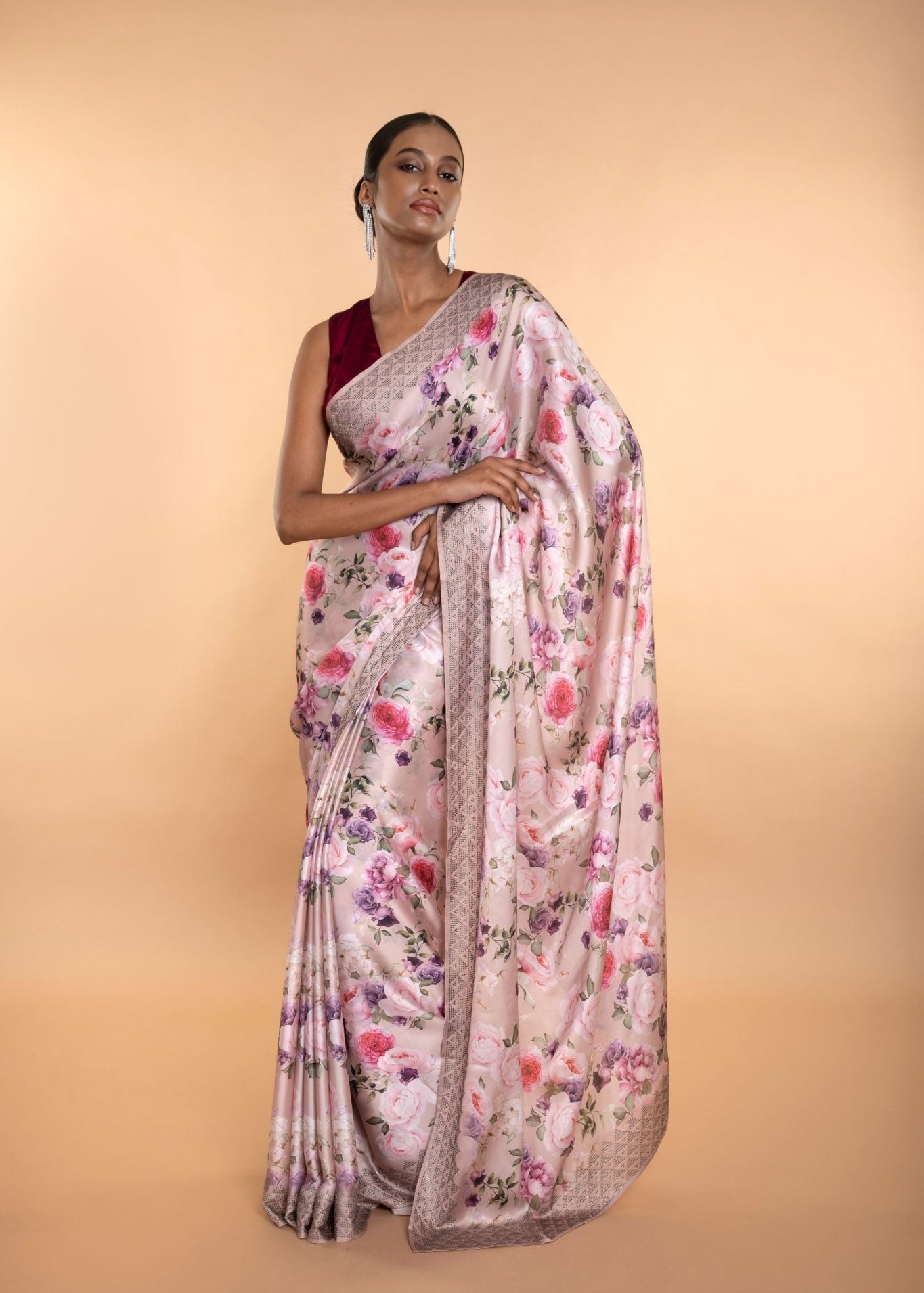 Light Pink Stone Embellishment Floral Printed Satin Saree with Unstitched Blouse - Anvi Couture