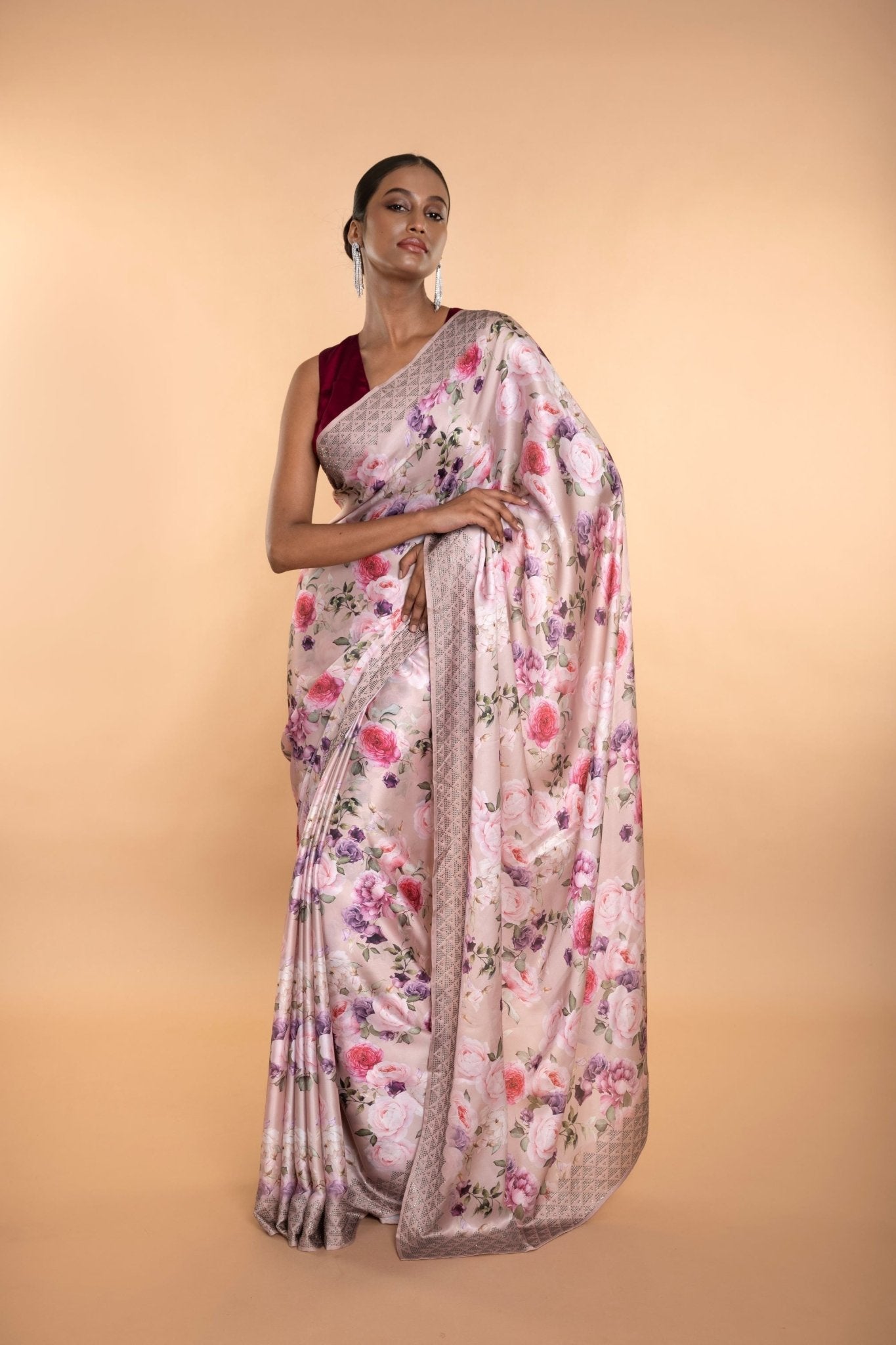 Designer Light Pink Floral Satin Saree with Stone Detailing - Image 1