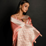 Powder Pink Pure Handloom Banarasi Silk Saree in Silver Zari Weave - Anvi Couture