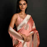 Powder Pink Pure Handloom Banarasi Silk Saree in Silver Zari Weave - Anvi Couture