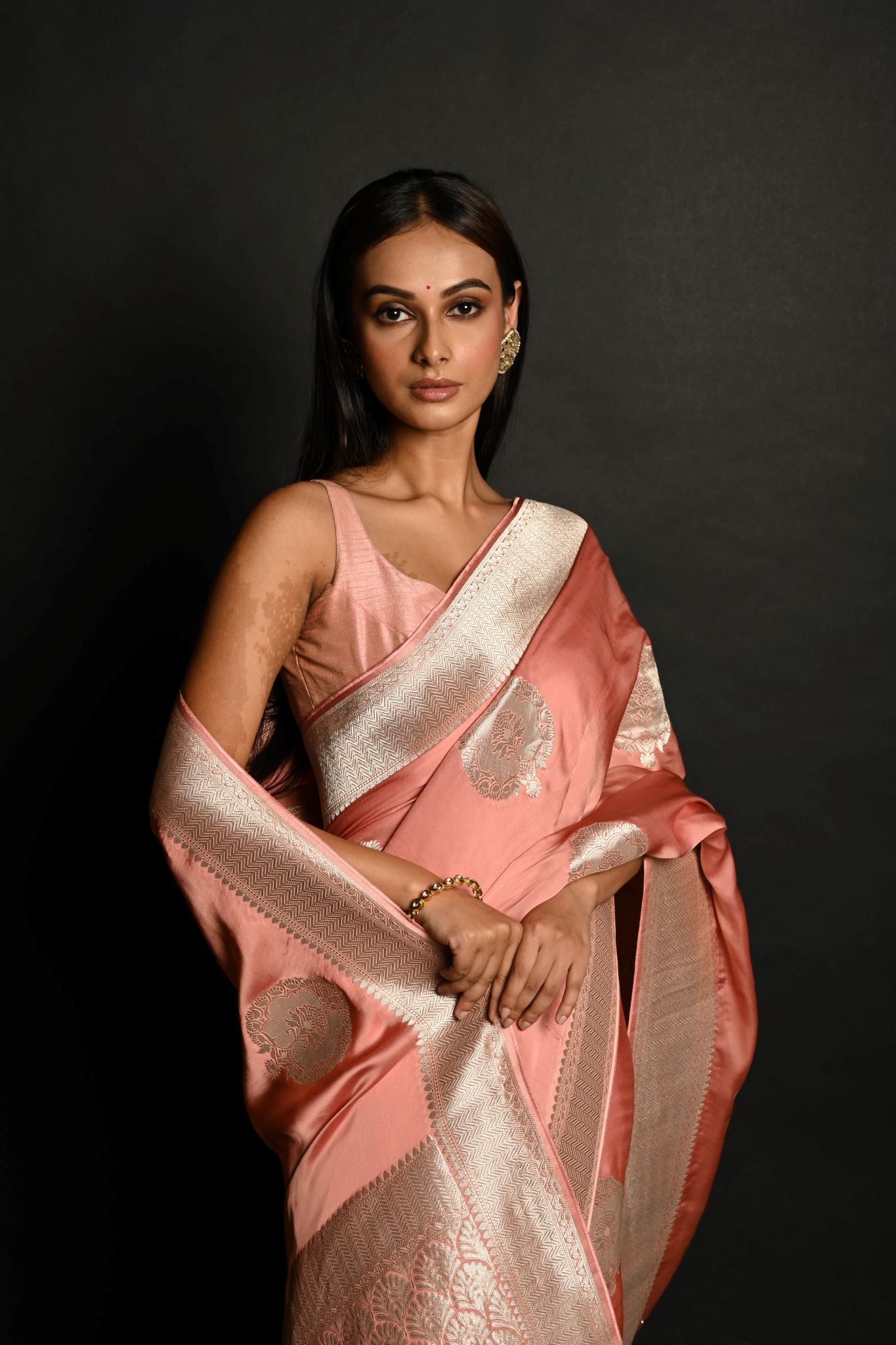 Powder Pink Pure Handloom Banarasi Silk Saree in Silver Zari Weave - Anvi Couture