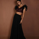 Black Lehenga Set with Red Sequin Work Ruffle Blouse - Anvi Couture