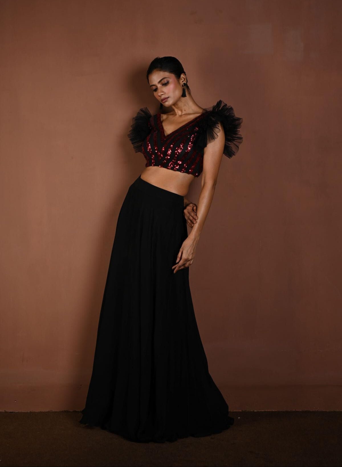 Black Lehenga Set with Red Sequin Work Ruffle Blouse - Anvi Couture