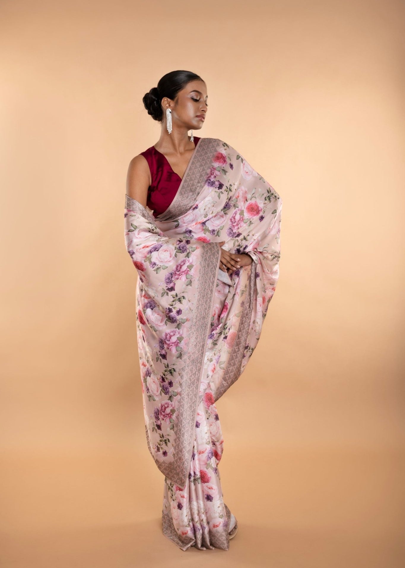 Light Pink Stone Embellishment Floral Printed Satin Saree with Unstitched Blouse - Anvi Couture